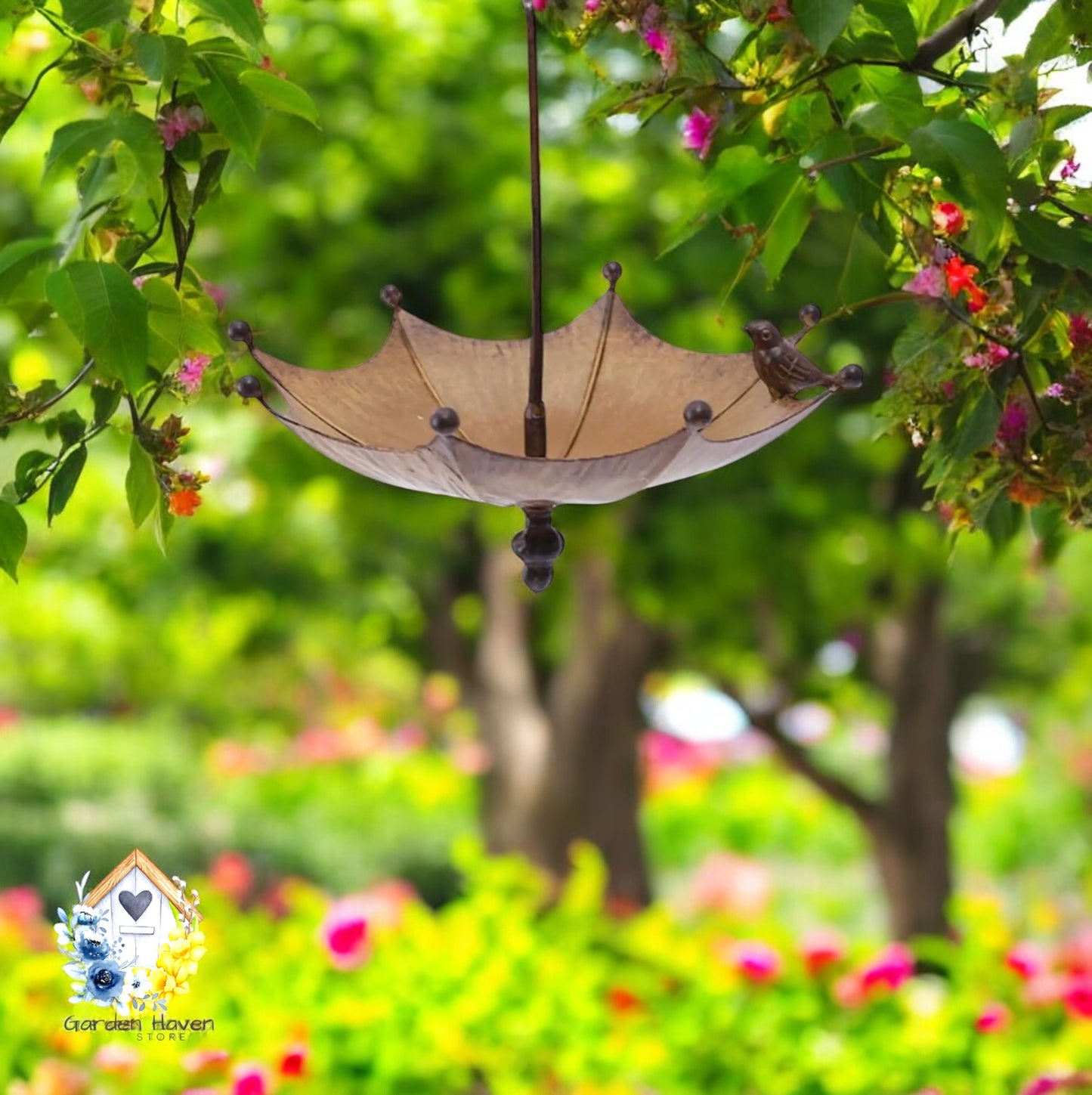 Umbrella Bird Feeder Hanging Water Tray Bird Bath Premium Bird Food Container Metal for Lawn Backyard Outdoor Patio Balcony