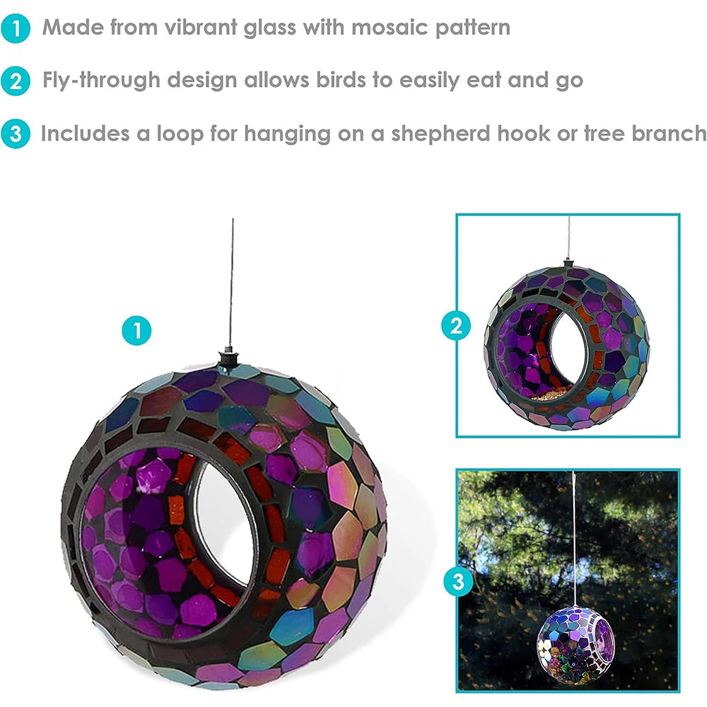 6-Inch Glass Mosaic Hanging Bird Feeder for Outdoors - Fly-Through Wild Bird Feeder