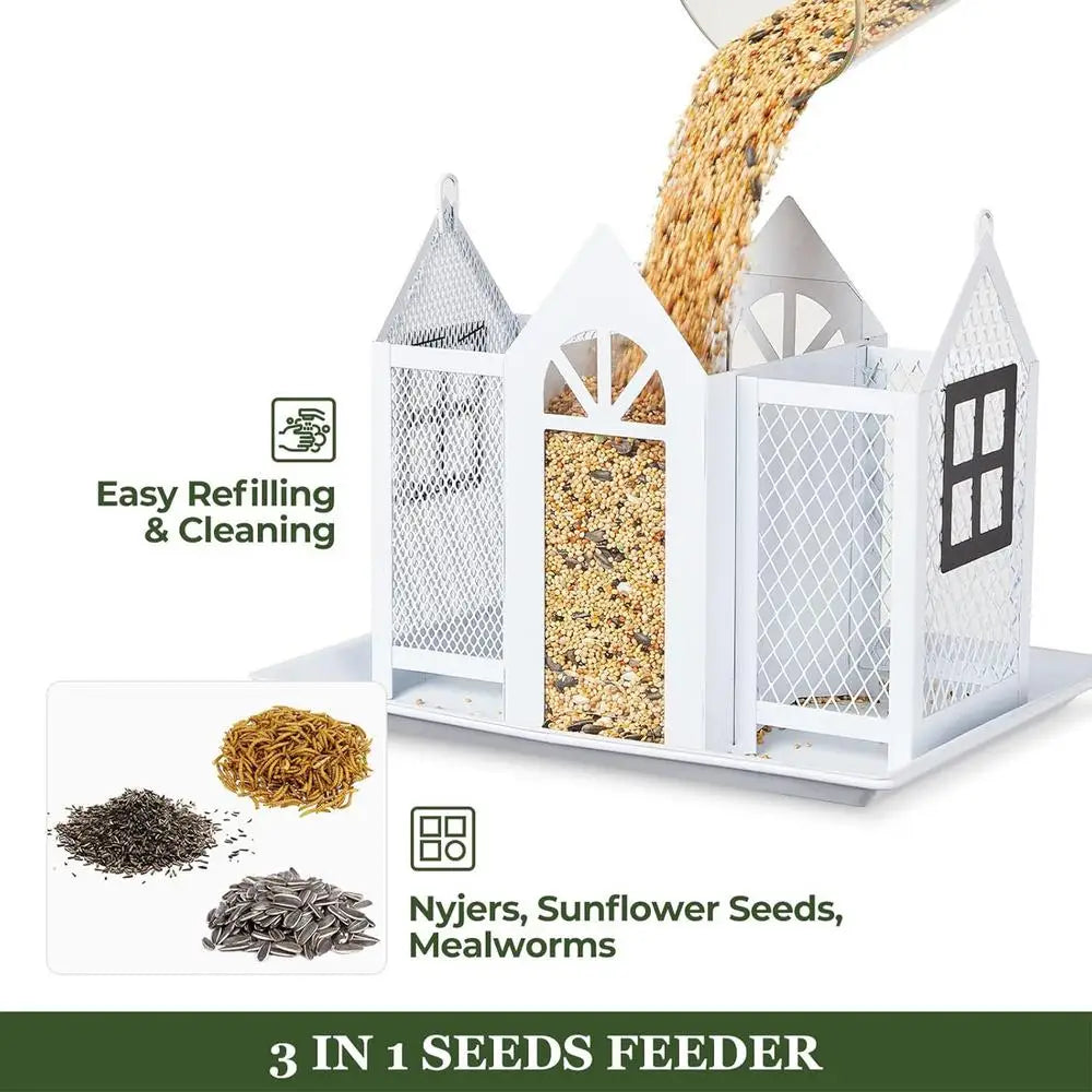 Bird Feeders For Outdoors Metal Bird Garden Feeders Rain/Wind-Proof Cottage Bird Feeder Large-Capacity Bird Food Feeder With 3