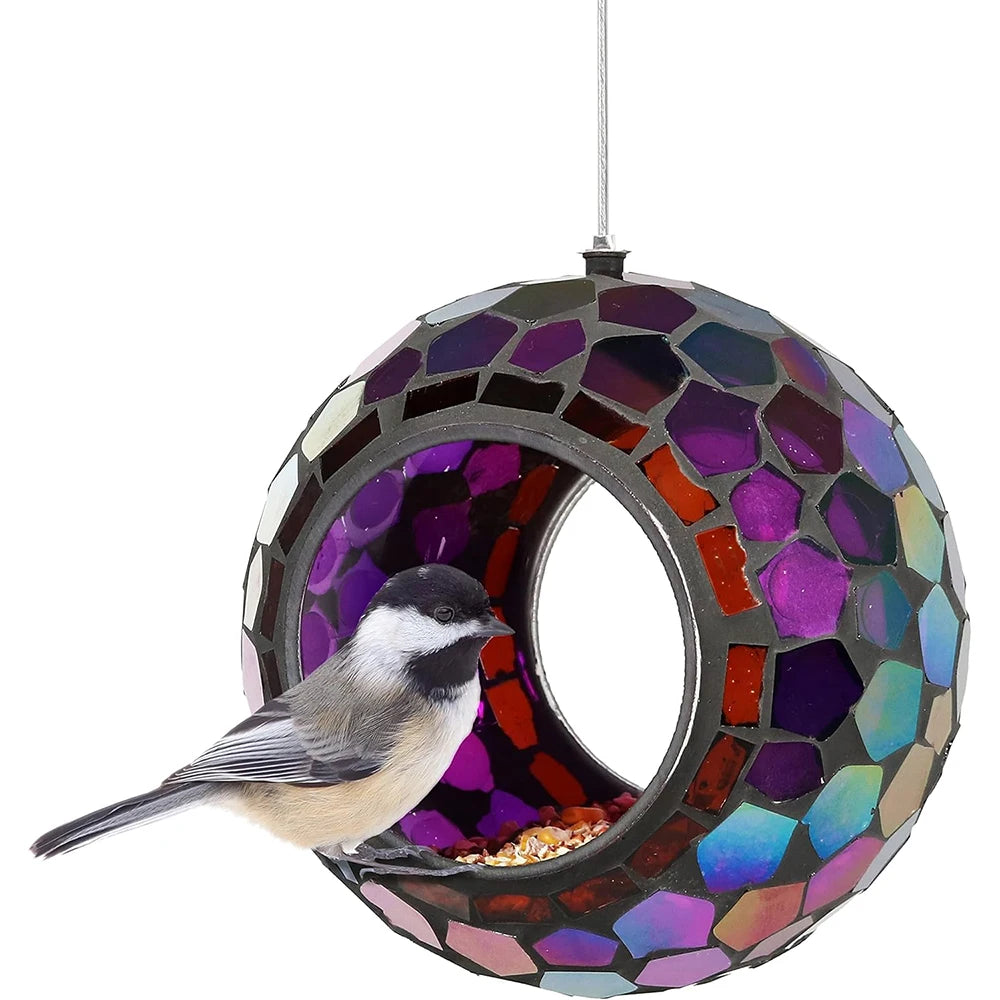 6-Inch Glass Mosaic Hanging Bird Feeder for Outdoors - Fly-Through Wild Bird Feeder